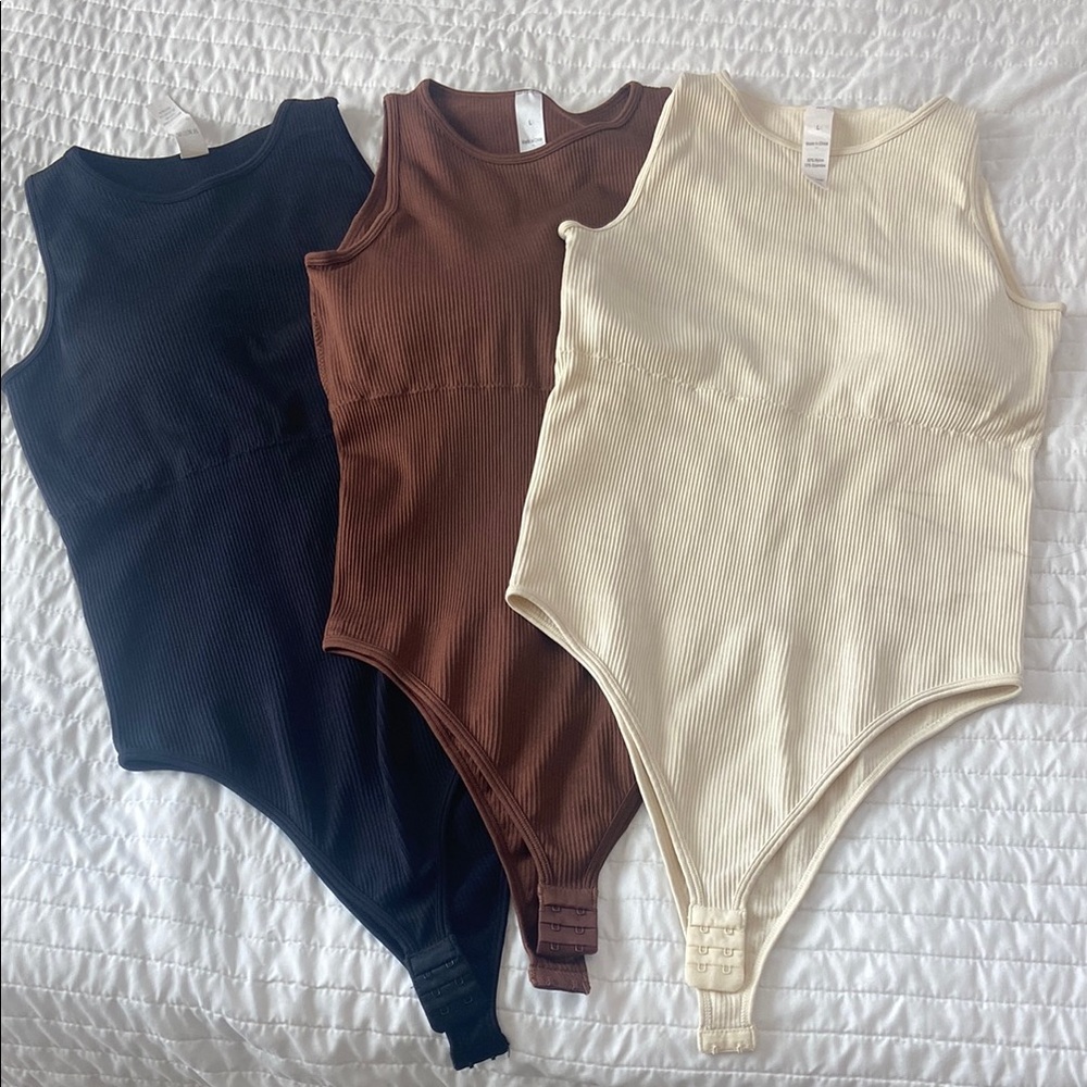 Ribbed Bodysuit Trio in Black, Brown, and Cream